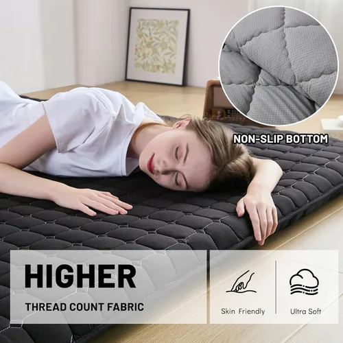 Vista 2 de Zelladorra Japanese Floor Mattress Twin, Anti-Slip Japanese Futon Roll Up Tatami Mat for Guests, Black