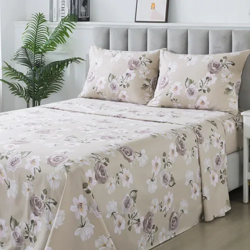 Vista 22 de FADFAY Juego de sábanas tamaño King, sábanas de algodón percal rosa floral con bolsillo profundo, ropa de cama vintage lujosa azul con estampado