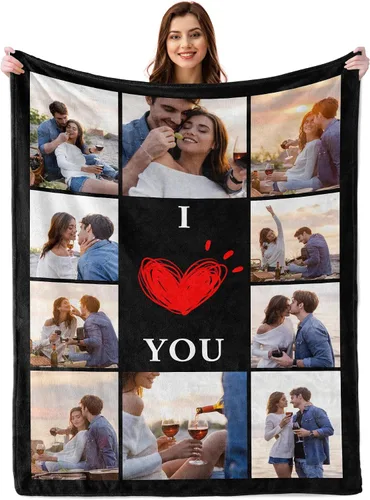 Vista 14 de Mantas personalizadas con fotos, regalos personalizados para parejas para esposa, marido, novia, novio, manta con imagen personalizada "I Love You