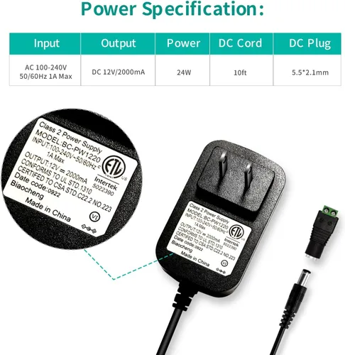 Vista 3 de Adaptador de fuente de alimentación de 12 V, 2 A, 24 W, con certificación ETL de CA a CC (entrada 100-240 V, salida 12 voltios 2 amperios), cable