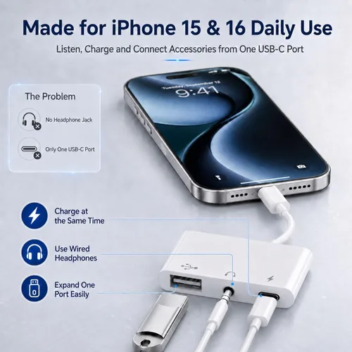 Vista 8 de Adaptador USB C 3 en 1 para iPhone 15 16, adaptador USB C a USB-A OTG con conector para auriculares de 0.1 in y puerto de carga rápida PD, divisor