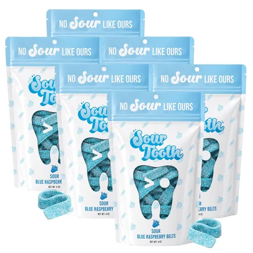 Vista 10 de Sour Tooth Cinturones de fresa, tiras de caramelo de gomitas ácidas masticables, paquete de 6, 4 onzas Soft & Chewy Strips, Sour Candy Bulk, Bulk