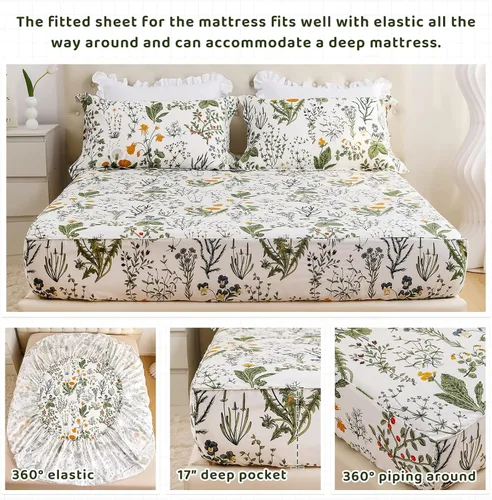 Vista 4 de QSH Sábanas 100% Algodón para Cama Tamaño Queen, Patrón Botánico de Plantas con Flores Amarillas, Sábanas de Cama Florales Impresas de Algodón