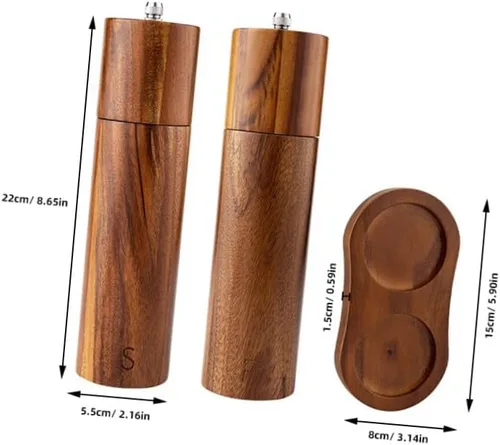 Vista 2 de CHILDWEET Manual Pepper Grinder Mill Set, 8-inch Cylindrical Acacia Wood with Ceramic Core, Refillable Salt and Pepper Crusher with Base for Kitchen