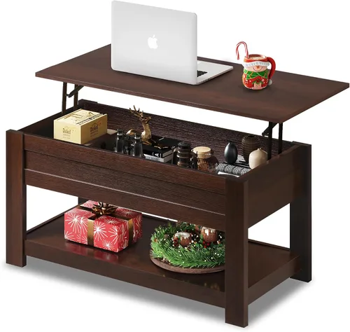Vista 9 de WLIVE - Mesa de café, mesa de centro de 39" con parte superior elevada, compartimento oculto y estante de almacenamiento para sala de estar