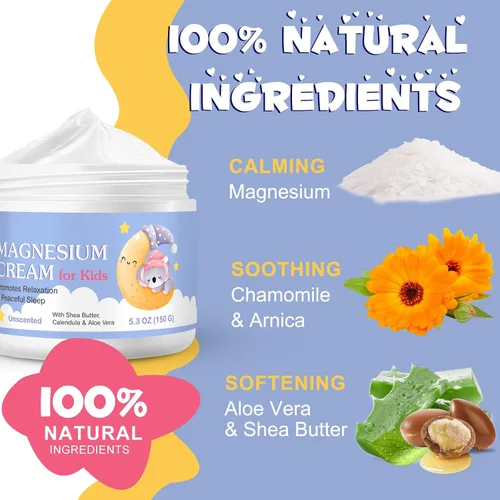 Vista 3 de Crema de magnesio para niños, loción de aceite de magnesio para relajación ósea y muscular, calma y nutre la piel con caléndula, aloe vera, manteca