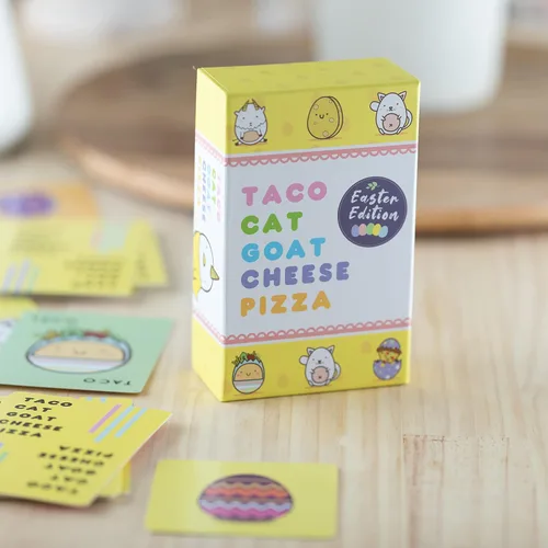 Vista 2 de Taco Cat Goat Cheese Pizza Edición Pascua Juego de cartas para noche de juegos familiares Relleno de cesta de Pascua sin dulces Rondas de 15