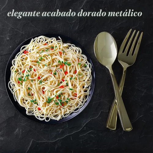 Vista 2 de Plasticpro Utensilios desechables de plástico dorado para servir, 6 tenedores y 6 cucharas, utensilios de servicio duraderos y resistentes, color Oro