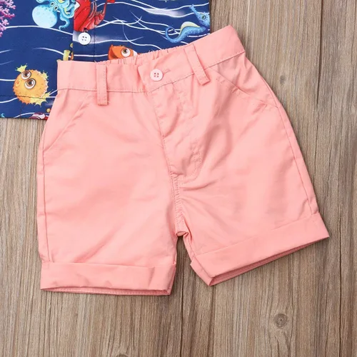 Vista 24 de Conjunto de camisa de manga corta con botones y pantalones cortos casuales con diseño de flamingo, para bebés y niños de 1 a 6 años, atuendos