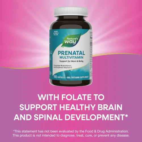 Vista 4 de Nature's Way Multivitamínico prenatal, con folato para un cerebro saludable y desarrollo espinal*, vitamina C tamponada, vitaminas B, 180 cápsulas