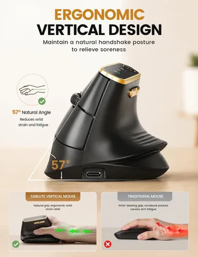Vista 5 de SABLUTE Ratón vertical inalámbrico ergonómico MAM4 para manos medianas y Negro profundo2