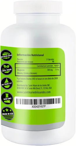 Vista 2 de Suplemento complejo de magnesio (glicinato, citrato y malato) – 180 cápsulas (suministro para 90 días) – 300 mg de magnesio por porción – Vegano