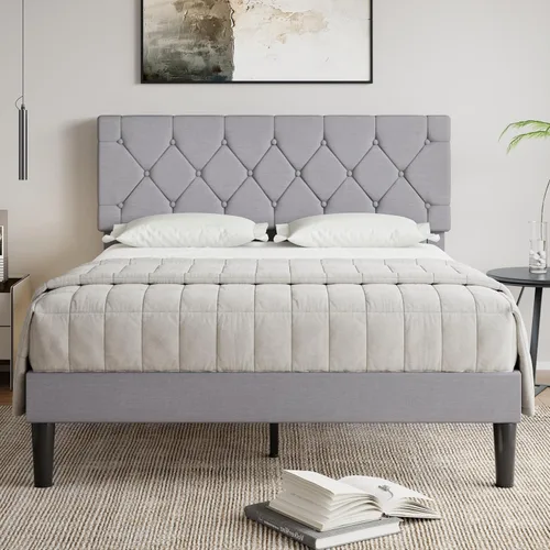 Vista 16 de VECELO Base de cama tamaño completo con cabecera capitoné con botones, plataforma tapizada con soporte de listones de madera, no necesita somier
