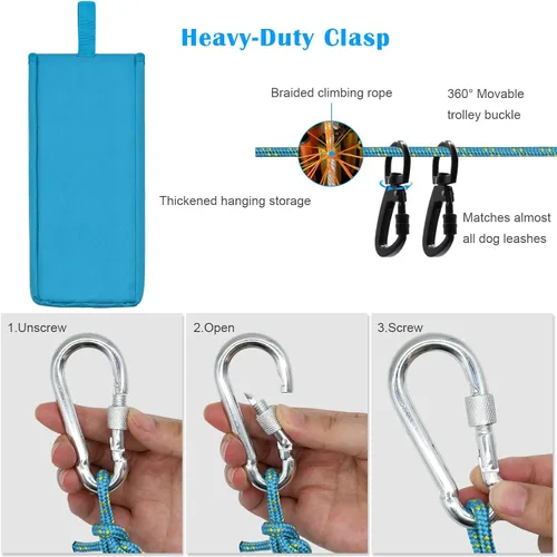 Vista 5 de Cable de amarre mejorado para perros para campamento, sistema de carrito portátil de 100 pies para 2 perros, sistema de enganche para perros Azul