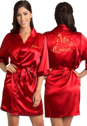 Vista 2 de Zynotti Batas de satén de quinceañera personalizadas con purpurina para toda la familia, bata de quinceañera