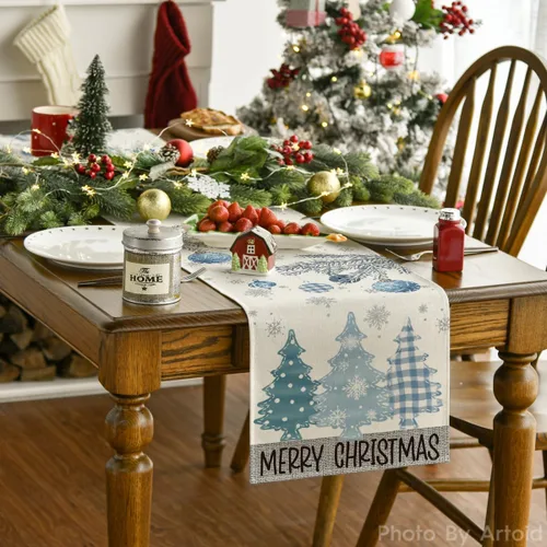 Vista 4 de Artoid Mode - Camino de mesa de Navidad con pinos azules, decoración navideña para mesa de comedor de 13 x 36 pulgadas