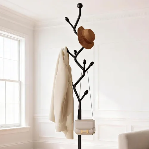 Vista 4 de Perchero con forma de árbol, árbol de abrigos independiente con 8 ganchos y base de metal resistente para abrigos, sombreros y bolsos, soporte