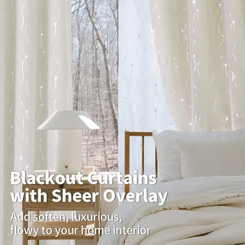 Vista 3 de BGment Cortinas de oscurecimiento de habitación con superposición transparente, cortinas de tul estampado plateado de doble capa para sala de estar