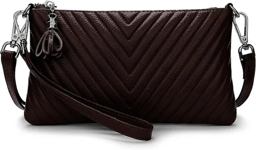Vista 2 de YALUXE Cartera de cuero real con borla de cheurón grande en V con correa para el hombro