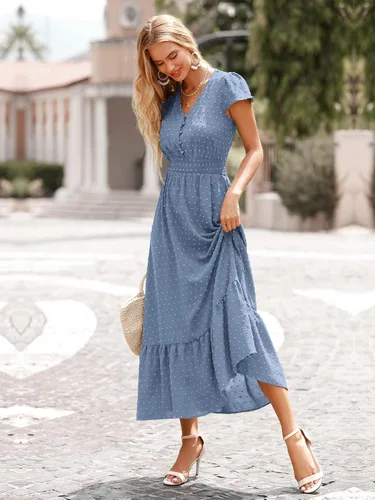 Vista 4 de PRETTYGARDEN - Vestido estilo bohemio, manga corta, cuello en V y plumetí con volados para mujer, vestido largo fruncido de cóctel