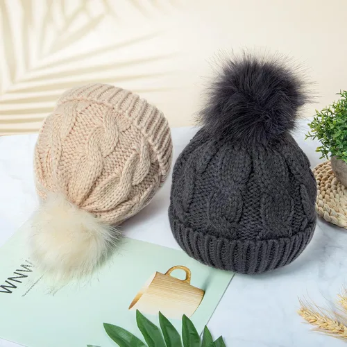 Vista 2 de YSense Wear 2 Pack Toddler Kids Winter Warm Fleece Lined Beanie Hats for Boys and Girls Crochet Hairball Knit Cap 1-6 Years