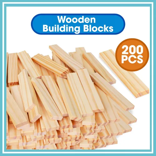 Vista 5 de Juego de bloques de construcción de madera, juguetes de construcción de bloques de tablones de 200 piezas, juguete educativo de madera STEM