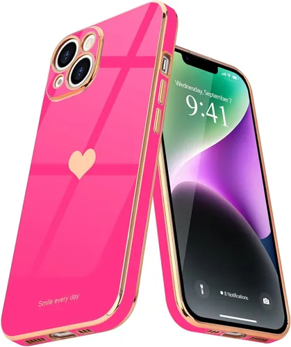Vista 15 de Teageo - Funda para iPhone 14 Plus para mujeres y niñas, diseño de corazón de amor, color negro Luxury Plating Soft Bling Back Cover Raised Full