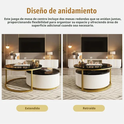 Vista 7 de Moderna mesa de centro redonda anidable acanalada con cajón en negro y dorado en 31.5 pulgadas