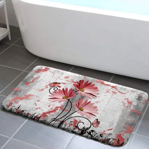 Vista 6 de Alfombra de baño rústica de granja, diseño de margaritas y mariposas en madera de campo, tapete de baño de madera color gris, blanco, azul marino