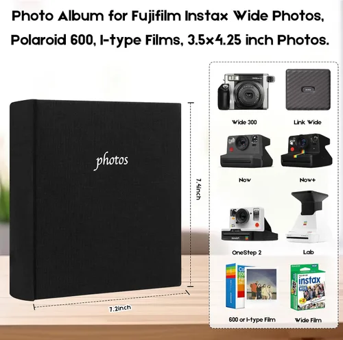 Vista 2 de Álbum de fotos para cámara Fujifilm Instax Wide 300, cubierta de lino, álbum de 120 bolsillos con espacio para escribir para cámara instantánea