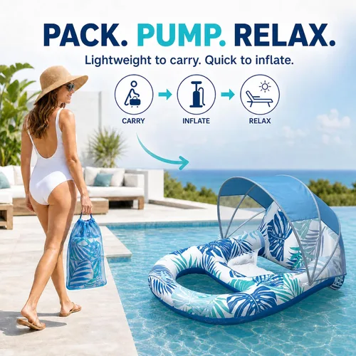 Vista 8 de Pool Float for Adults with Canopy, Inflatable Chair Lounge Floaties with Adjustable Sun Shade Cover, Drink Holder, Ergonomic Headrest