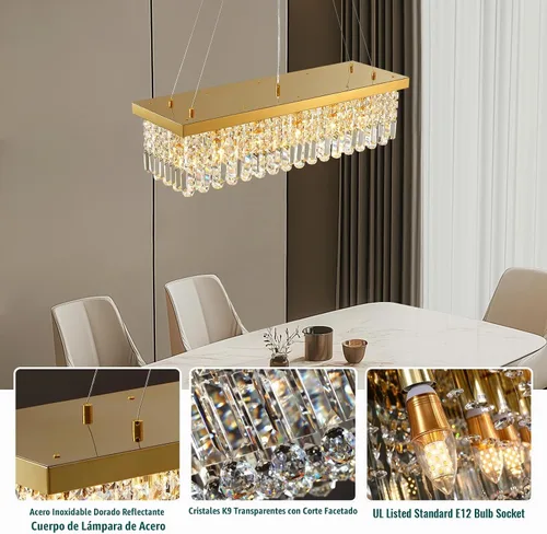 Vista 8 de Siljoy Candelabro de Cristal Moderno de 6 Luces Rectangular Dorado K9 Candelabro de Cristal en Forma de Gota de Lluvia para Comedor, Lámpara