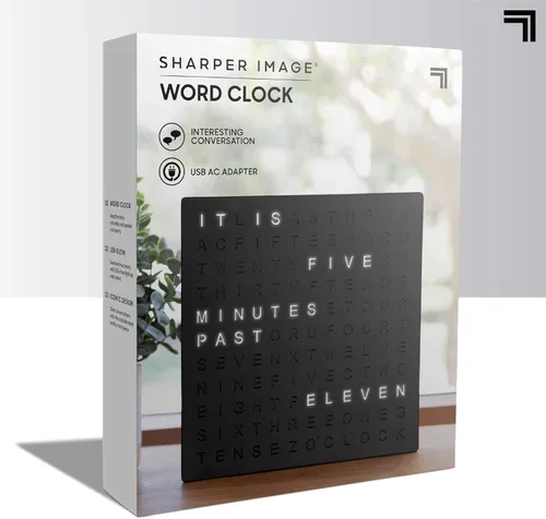 Vista 9 de Sharper Image Reloj Digital de Palabras LED, 7.75", Acabado Negro, Reloj de Escritorio y Pared Iluminado, Pantalla de Tiempo Moderna, Estante