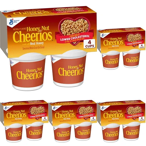Vista 13 de Copas de cereales para desayuno Honey Nut Cheerios, cereal sin gluten, porciones individuales, 4 paquetes de 7.2 onzas