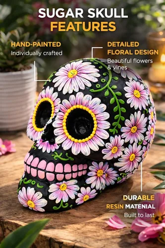 Vista 5 de Banco de monedas con diseño floral de calavera de azúcar negra y rosa de 5 pulgadas