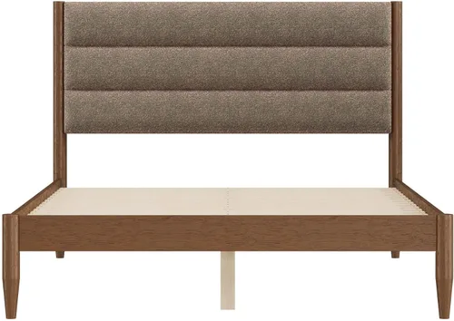 Vista 8 de KISLOT Marco de cama de madera con cabecera tapizada, marrón, tamaño Queen