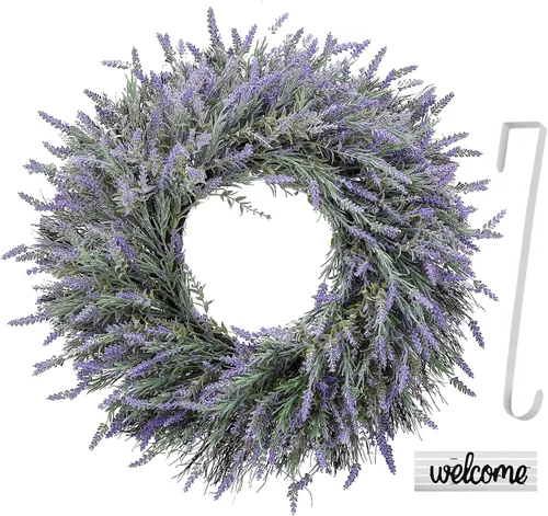 Vista 3 de Coronas de primavera de 24 pulgadas para puerta delantera, corona artificial de lavanda con letrero de bienvenida y colgador, morado