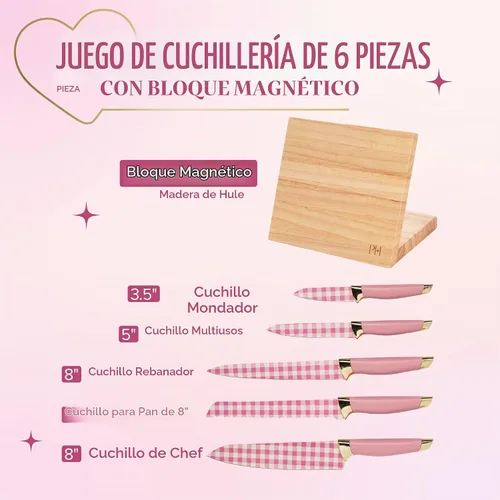 Vista 4 de Paris Hilton Juego de cuchillos con bloque magnético, cuchillas de acero inoxidable con diseño de guinga, elegantes asas ergonómicas con detalles