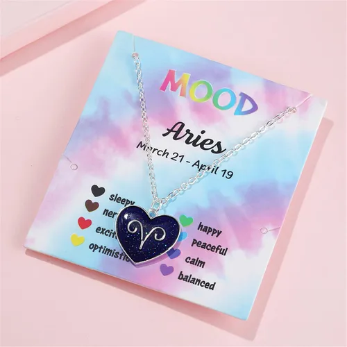 Vista 2 de Collar con dije en forma de corazón de 12 signos de constelación con tarjeta ajustable, esmalte del zodiaco, collar termocrómico para mujeres