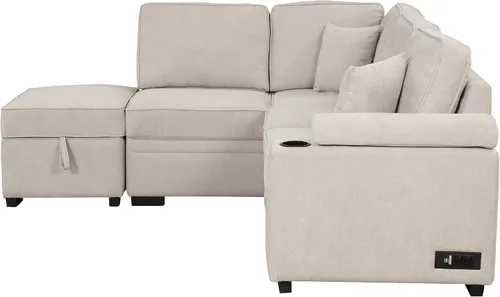 Vista 8 de Sofá modular modular de 87.4 pulgadas para sala de estar, sofá cama convertible en forma de L, sofá cama extraíble 2 en 1 con puertos de carga USB