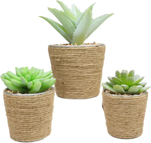 Vista 2 de Ebros Gift Juego de 3 plantas suculentas botánicas artificiales realistas de tamaños escalonados en macetas envueltas en yute, plantas sintéticas