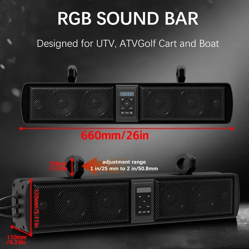 Vista 7 de UTV, barra de sonido ATV, altavoces Bluetooth impermeable con iluminación RGB, altavoz Bluetooth de 28 pulgadas con IP65 impermeable montaje