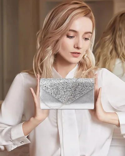 Vista 7 de Queena Bolso de mano de noche brillante con purpurina para mujer, bolso de mano con cadena para boda, fiesta, graduación, regalo para mamá, esposa