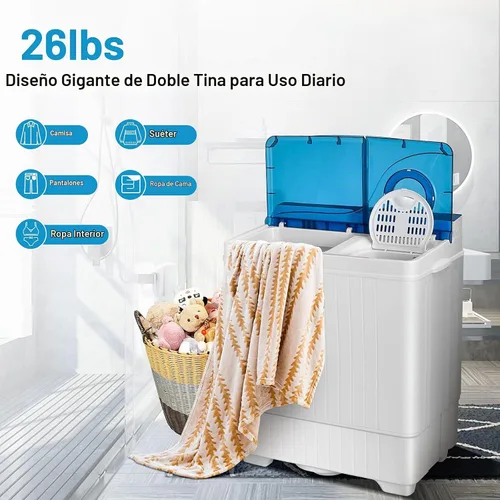 Vista 6 de Giantex Lavadora semiautomática, lavadora de doble tina con secadora de centrifugado, capacidad de 26 libras, bomba de drenaje integrada, lavadora