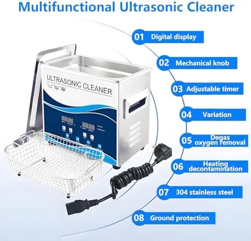 Vista 4 de Limpiador ultrasónico profesional con calentador y temporizador, máquina de limpieza digital de joyas sónico para herramientas dentales, gafas