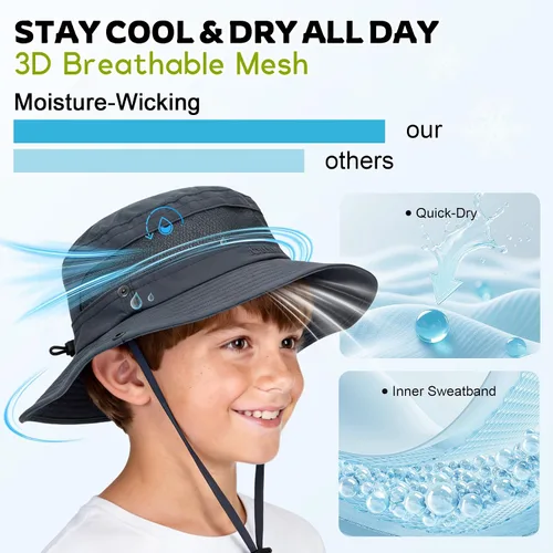Vista 4 de Sombrero de sol para niños con protección solar UPF 50+, sombrero de pescador para niños y niñas, ala ancha, verano, playa, pesca, safari, sombrero