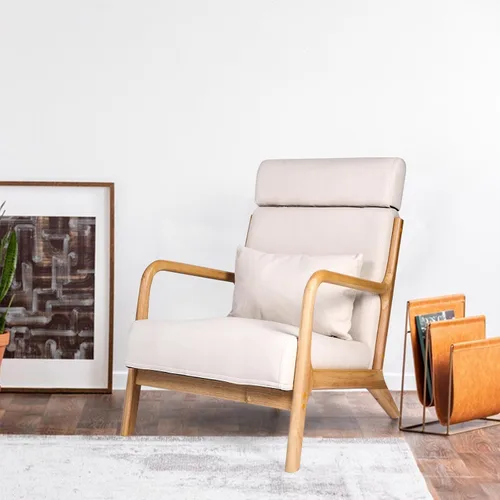 Vista 3 de Silla de sala de estar moderna de mediados de siglo con reposacabezas extensible, sofá individual, silla con marco de madera, silla de lectura