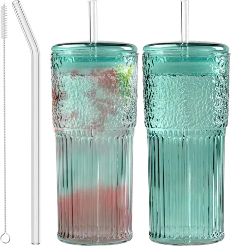 Vista 8 de JunVpic Tazas de vidrio con tapas y popotes, ámbar 20 OZ. Vasos para agua helada, zumo, té, leche, batido y bebidas frías o calientes, juego de 2