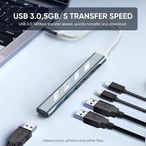 Vista 7 de Hub USB 3.0, concentrador USB 5 en 1 con USB C portátil y divisor USB de aluminio para laptop, Xbox, unidad flash, disco duro, consola, impresora