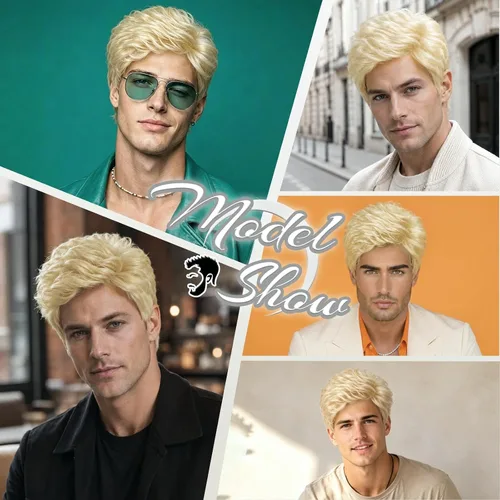 Vista 7 de DDHAIR Peluca rubia para hombre, pelo sintético corto en capas con parte Rubio